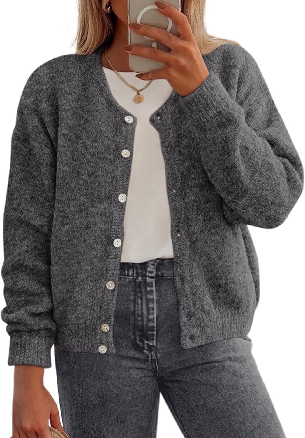 Fall Long Sleeve Cardigans for Women Trendy 2025 Lightweight Button Down Crewneck Loose Knit Sweater Clothes