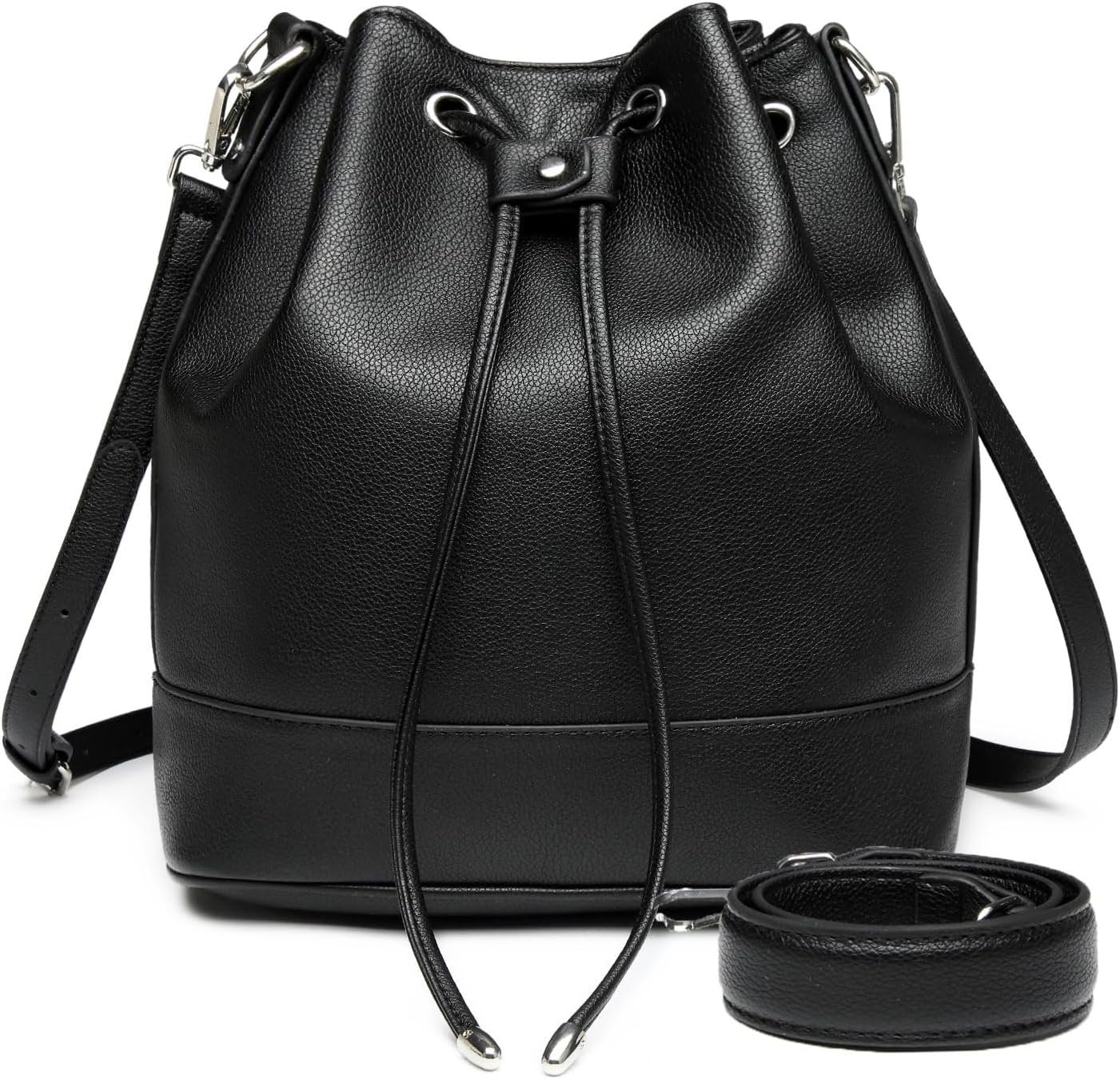 Leather Bucket Bags and Drawstring Crossbody Purse for Women Medium Tote and Handbags with 2 Shouder Straps