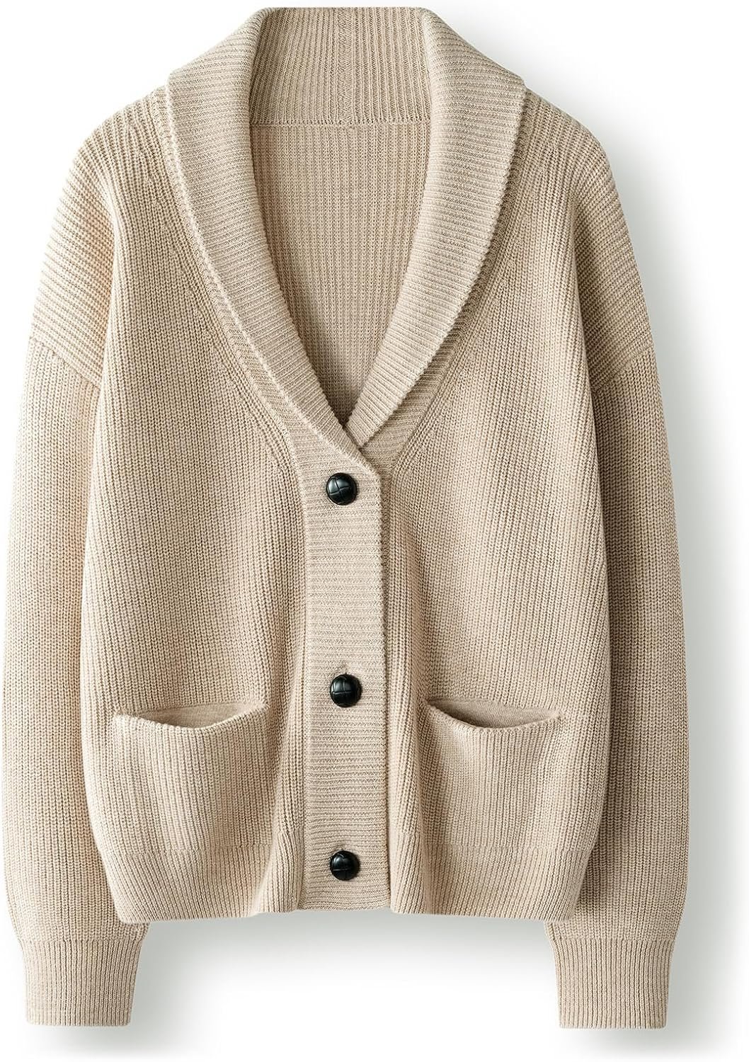 Women's Merino Wool Sweater V-Neck Ribbed 2025 Fall Winter Lapel Button Down Long Sleeve Knit Cardigan with Pocket