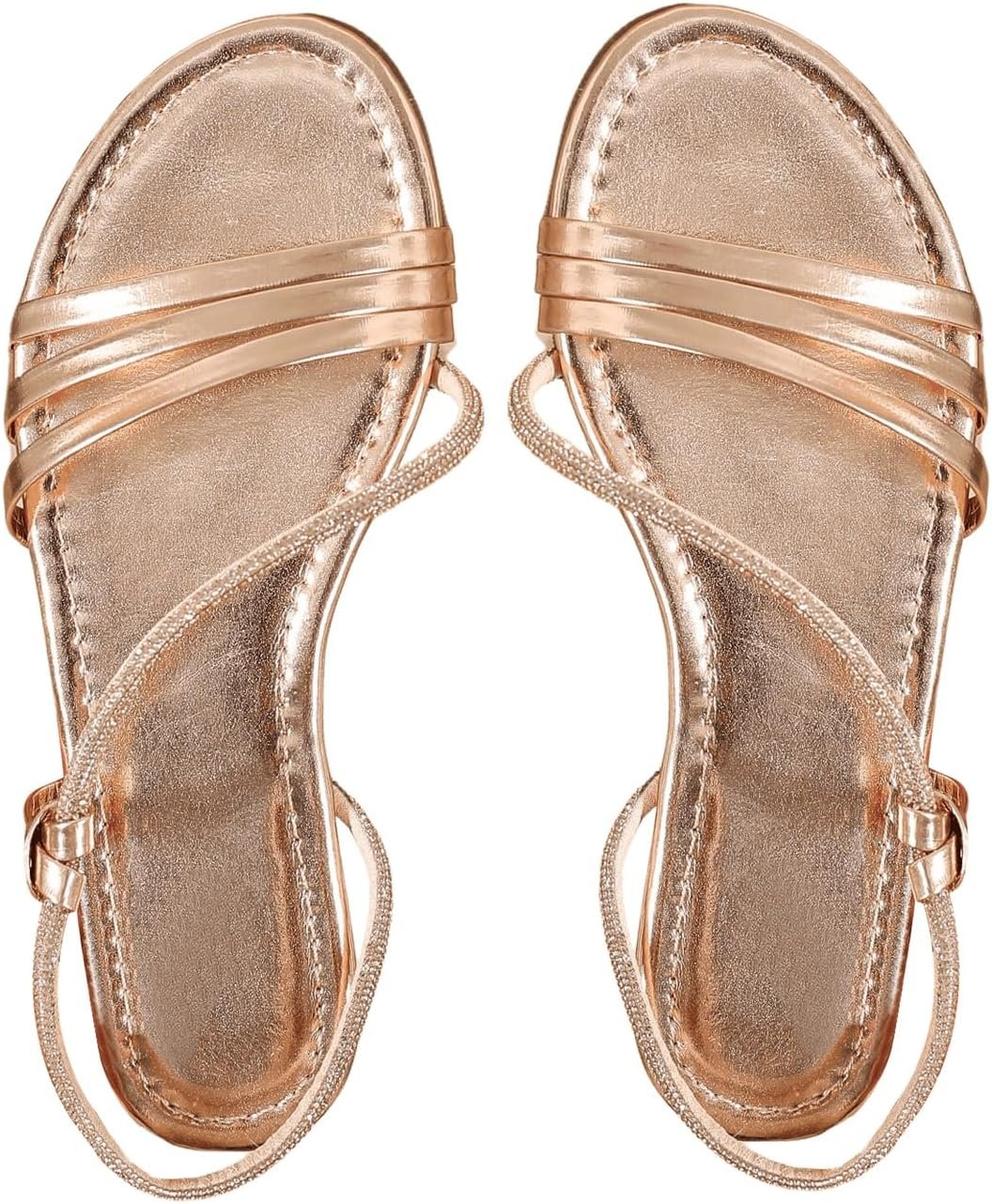 Women Rhinestone Sparkly Metallic Strappy Flat Sandals Open Toe Sides