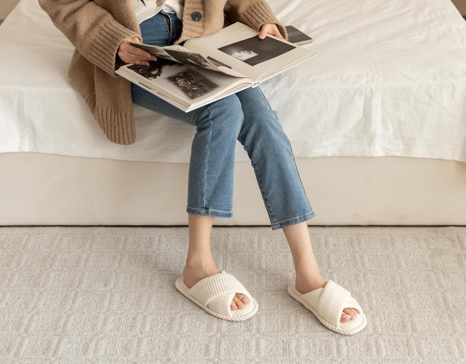 Slippers for Women Memory Foam House Bedroom Corduroy Crossbands Open Toe Slides Sandals Shoes Comfy Trendy Gift for Women Anti-Skid sole - Image 2