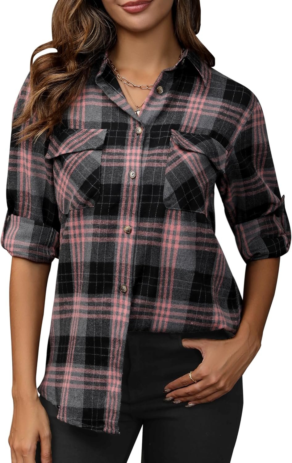 Flannel Shirt Women Plaid Shirts Button Down Long Sleeve Oversized Cotton Fitted Boyfriend Casual Blouse Tops - Image 2