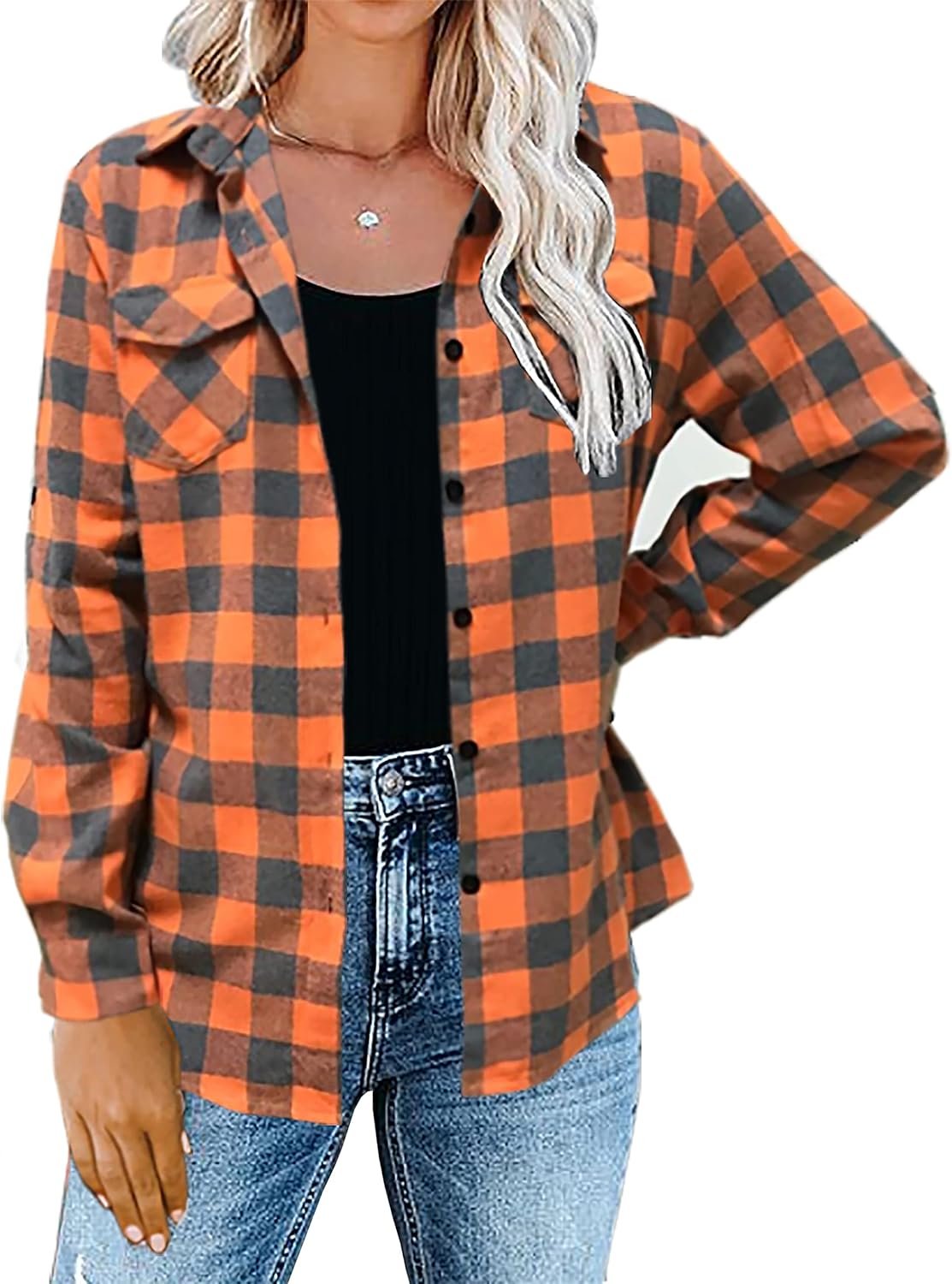 Womens Casual Cuffed Long Sleeve Boyfriend Button Down Plaid Flannel Shirt Tops - Image 2
