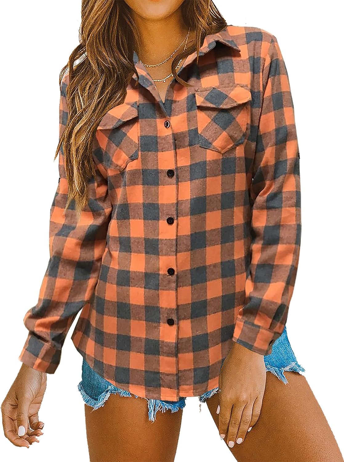Womens Casual Cuffed Long Sleeve Boyfriend Button Down Plaid Flannel Shirt Tops