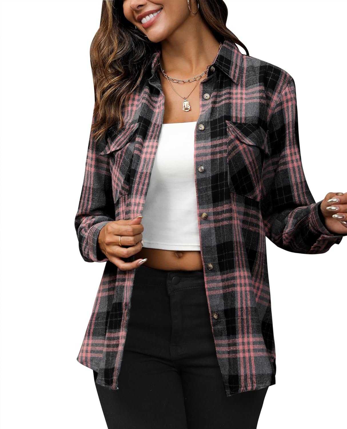 Flannel Shirt Women Plaid Shirts Button Down Long Sleeve Oversized Cotton Fitted Boyfriend Casual Blouse Tops