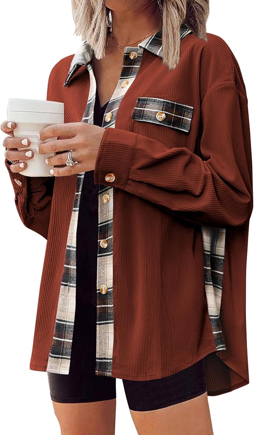 Womens Corduroy Flannel Shacket Jacket Casual Plaid Button Down Shirts Long Sleeve Fall Tops with Pockets