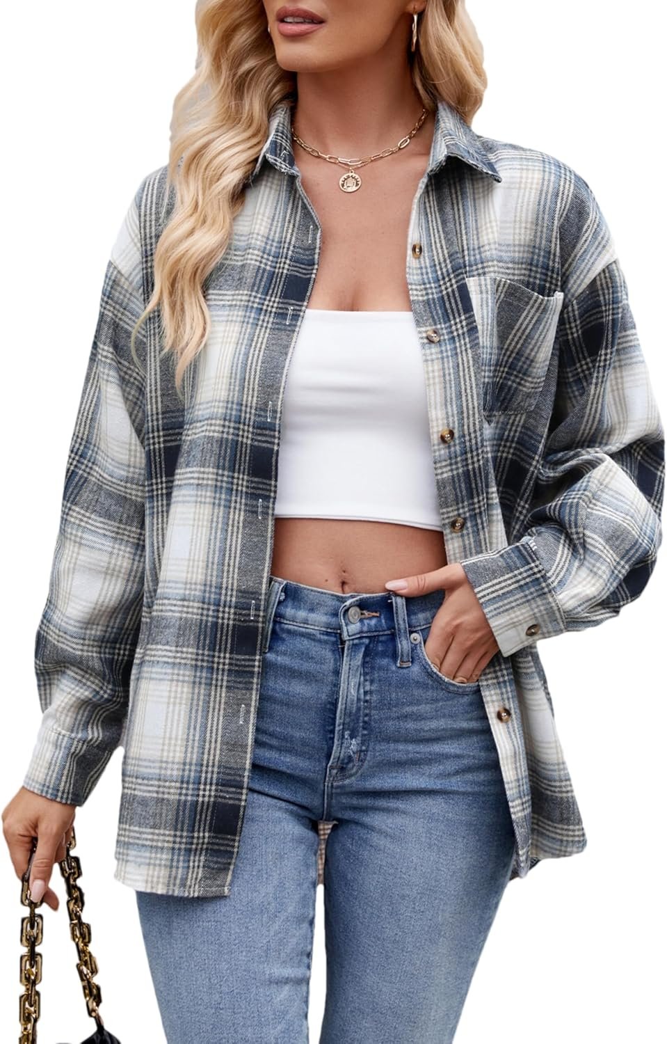 Womens Casual Oversized Flannel Plaid Button Down Long Sleeve Shirts Fashion Blouse Tops with Pocket