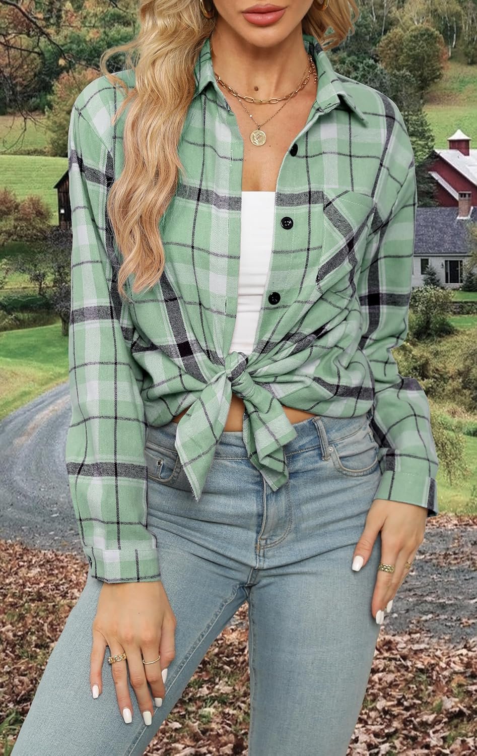 Womens Plaid Flannel Shirt Long Sleeve Collar Button Down Blouses Lightweight Tops (S-2XL) - Image 2