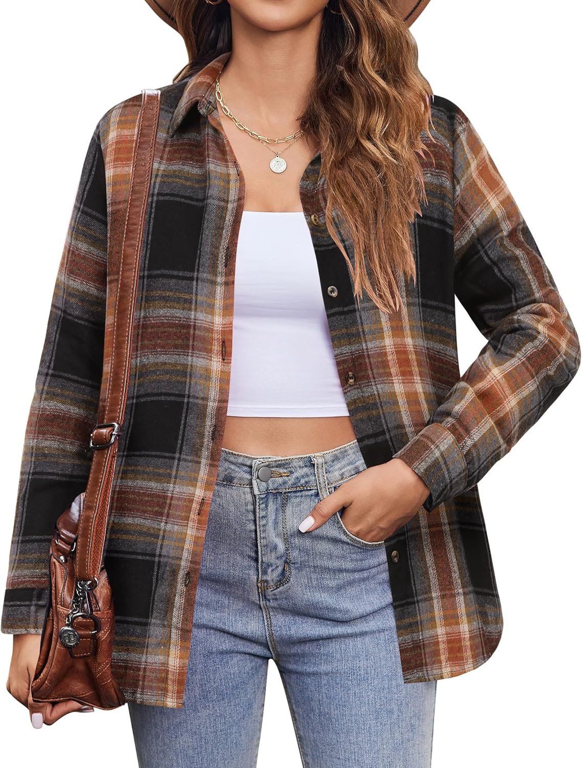 Flannel Shirt Women Button Down Long Sleeve Plaid Shirts Collared 2025 Casual Work Tops S-2XL