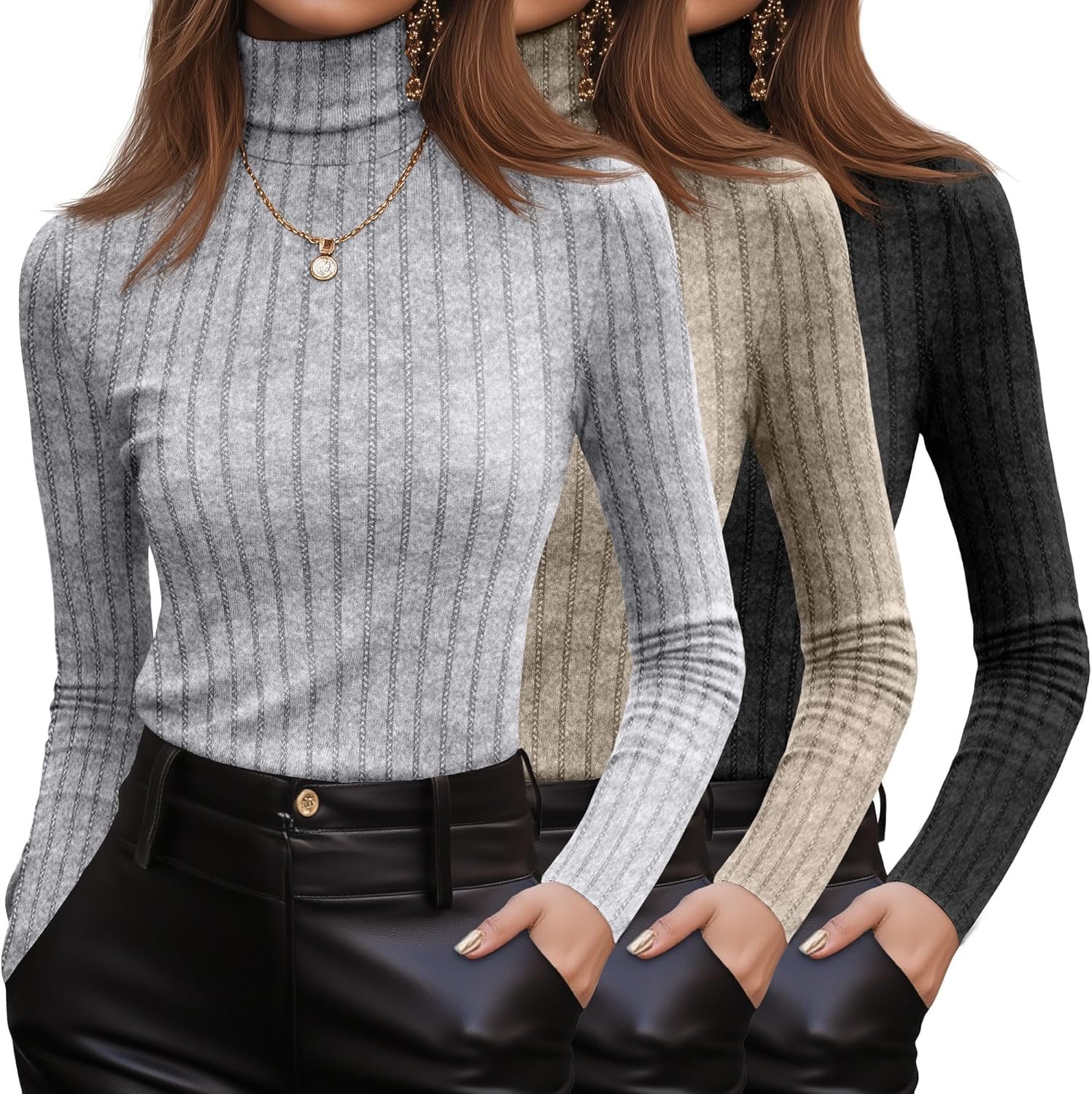 3 Pack Women's Turtleneck Sweaters, Ribbed Long Sleeve Fitted Pullover Sweater Knit Lightweight Fall Tunic Top 2025